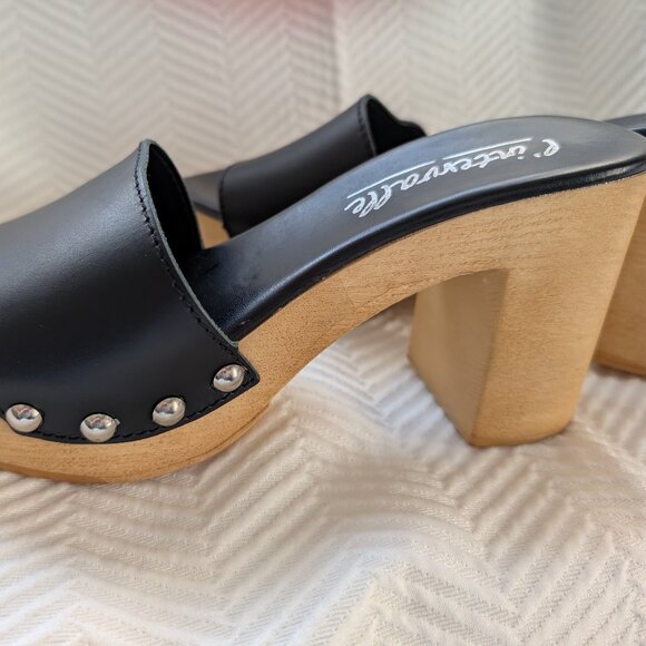 L’Intervalle Platform slide mules Clogs Black Leather with studs Wooden, Sz 38 - Picture 6 of 10